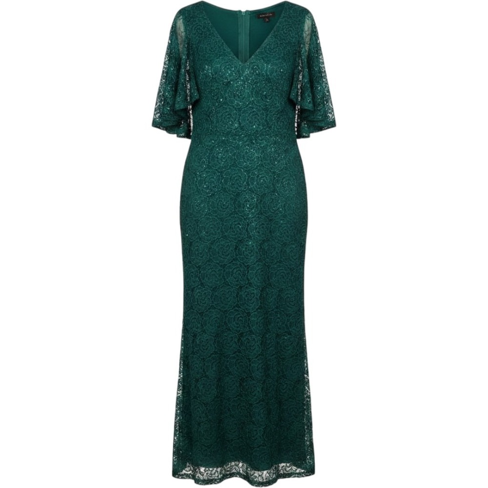 Marina Hunter Green Sequin Lace Flutter Sleeve Gown Dress 14W 293458